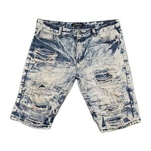 Red Ape Men's Denim Shorts 38 Blue Acid Wash Distressed Ripped Jean Shorts 12"